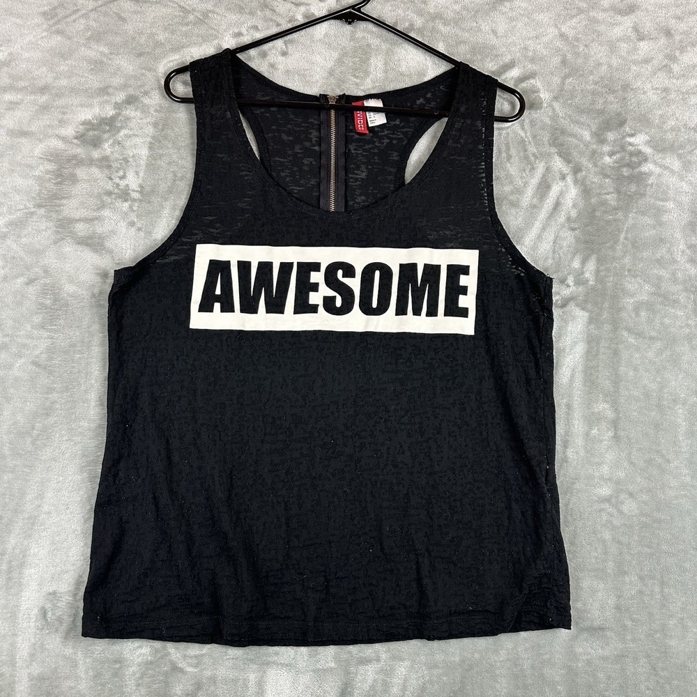 Divide H&M Racerback Tank Women's L Black Burnout Zipper Graphic Print "AWESOME"